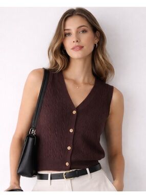 Elaquor Cable Knit Sweater Vest Brown Gold Button V Neck Sleeveless 0XL